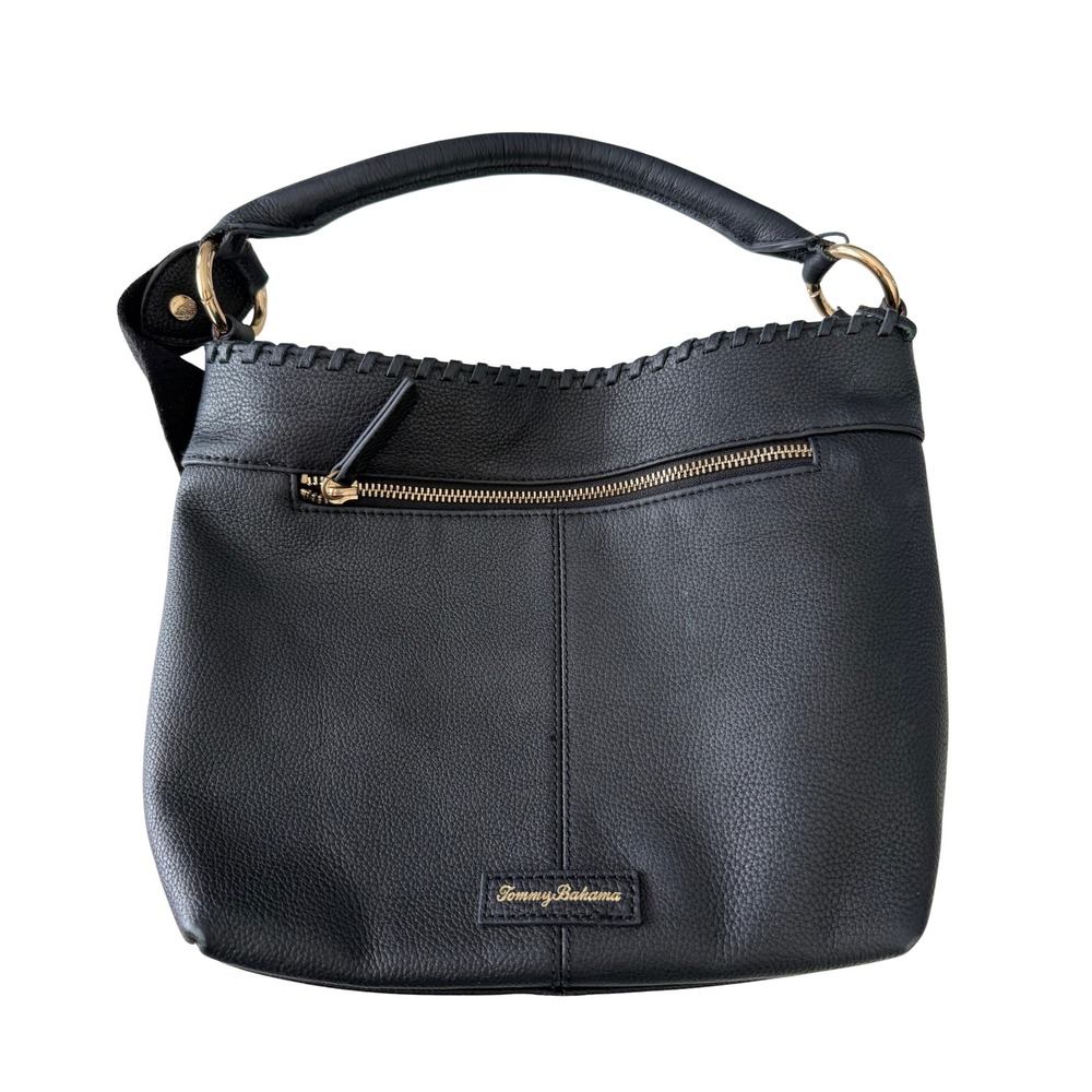 Tommy Bahama Black Leather Crossbody Bag Zip Pocket Adjustable Strap - Picture 6 of 7
